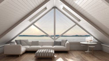 Classic mezzanine loft with big window and sea panorama, living  clipart