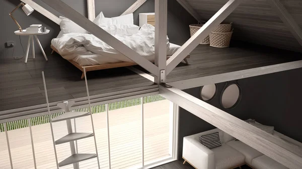 Sypialnia na poddaszu antresoli, schody i życie z sofą, minimalistyczny — Zdjęcie stockowe
