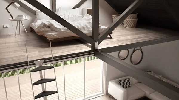 Mezzanine loft chambre, escalier et salon avec canapé, minimaliste — Photo