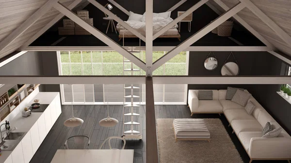 Minimalista loft mezanino, cozinha, sala e quarto, r de madeira — Fotografia de Stock