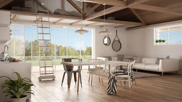 Minimalist mezzanine loft, kitchen, living and bedroom, wooden r — Stock Image Minimalist mezzanine loft, kitchen, living and bedroom, wooden r Royalty Free Stock Photos