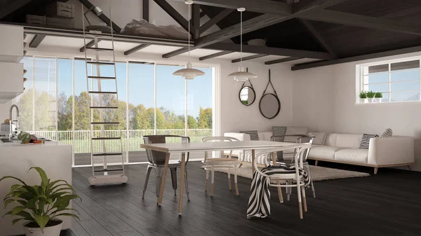 Minimalist mezzanine loft, kitchen, living and bedroom, wooden r — Stock Image Minimalist mezzanine loft, kitchen, living and bedroom, wooden r Stock Picture