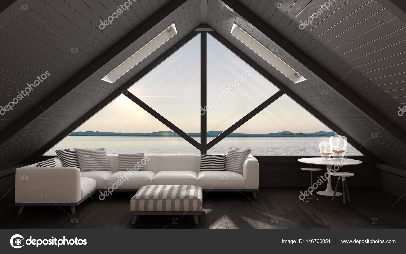 Classic mezzanine loft with big window and sea panorama, living ... Classic mezzanine loft with big window and sea panorama, living ...
