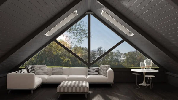 Klassieke mezzanine loft met groot raam en zee panorama, levende — Stockfoto