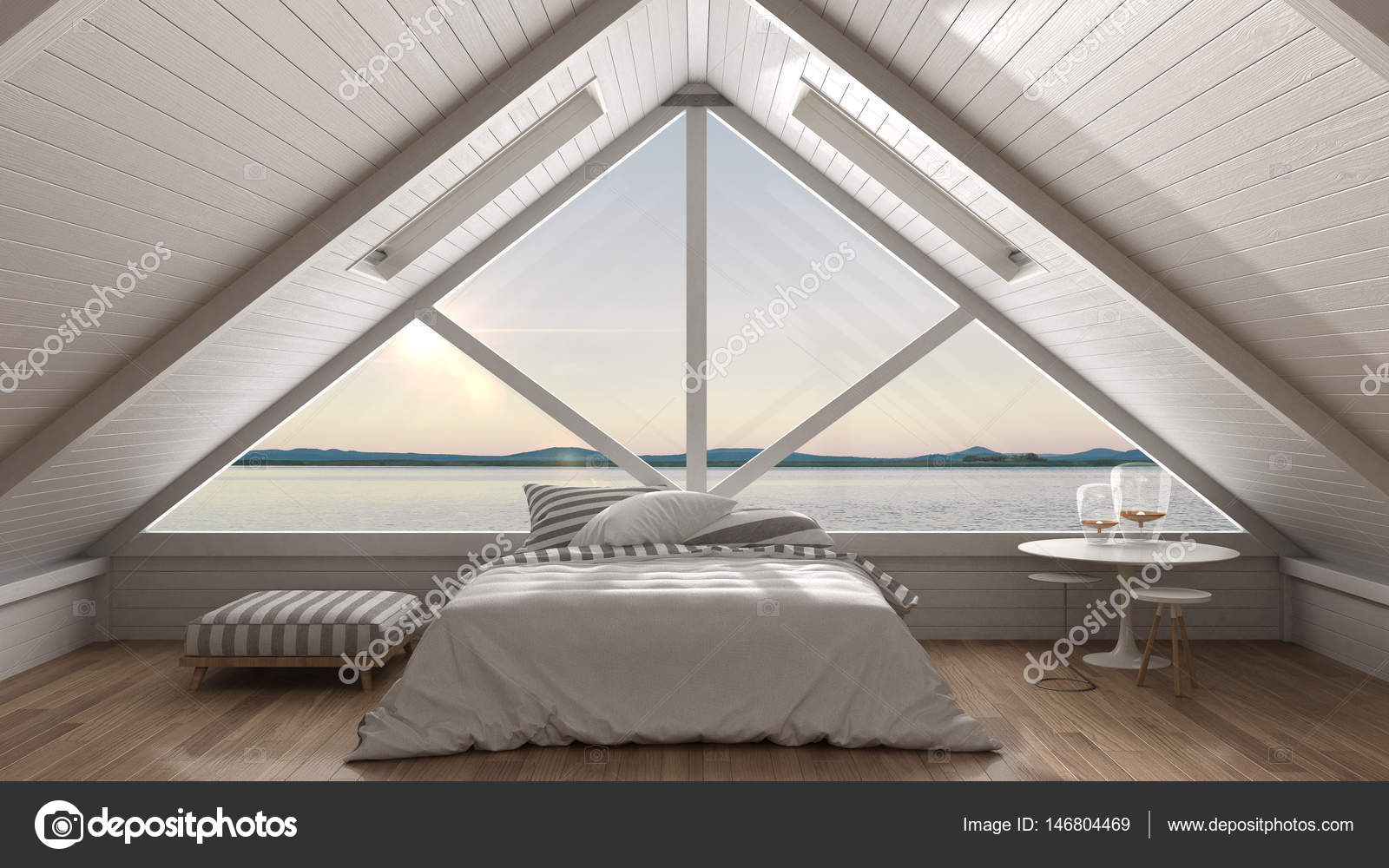 Soppalco classico con grande finestra e panorama sul mare, camera da ... Soppalco classico con grande finestra e panorama sul mare, camera da ...