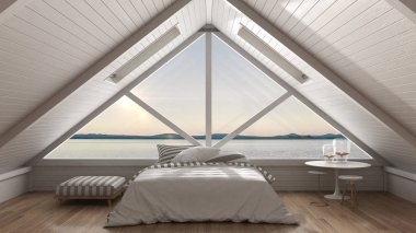 Büyük pencere ve deniz panorama, yatak odası ile klasik asma çatı