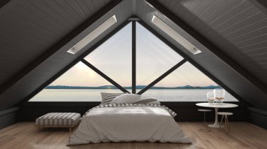 Büyük pencere ve deniz panorama, yatak odası ile klasik asma çatı