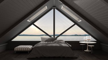 Büyük pencere ve deniz panorama, yatak odası ile klasik asma çatı
