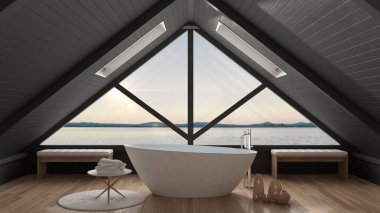 Classic mezzanine loft with big window and sea panorama, bathroo clipart