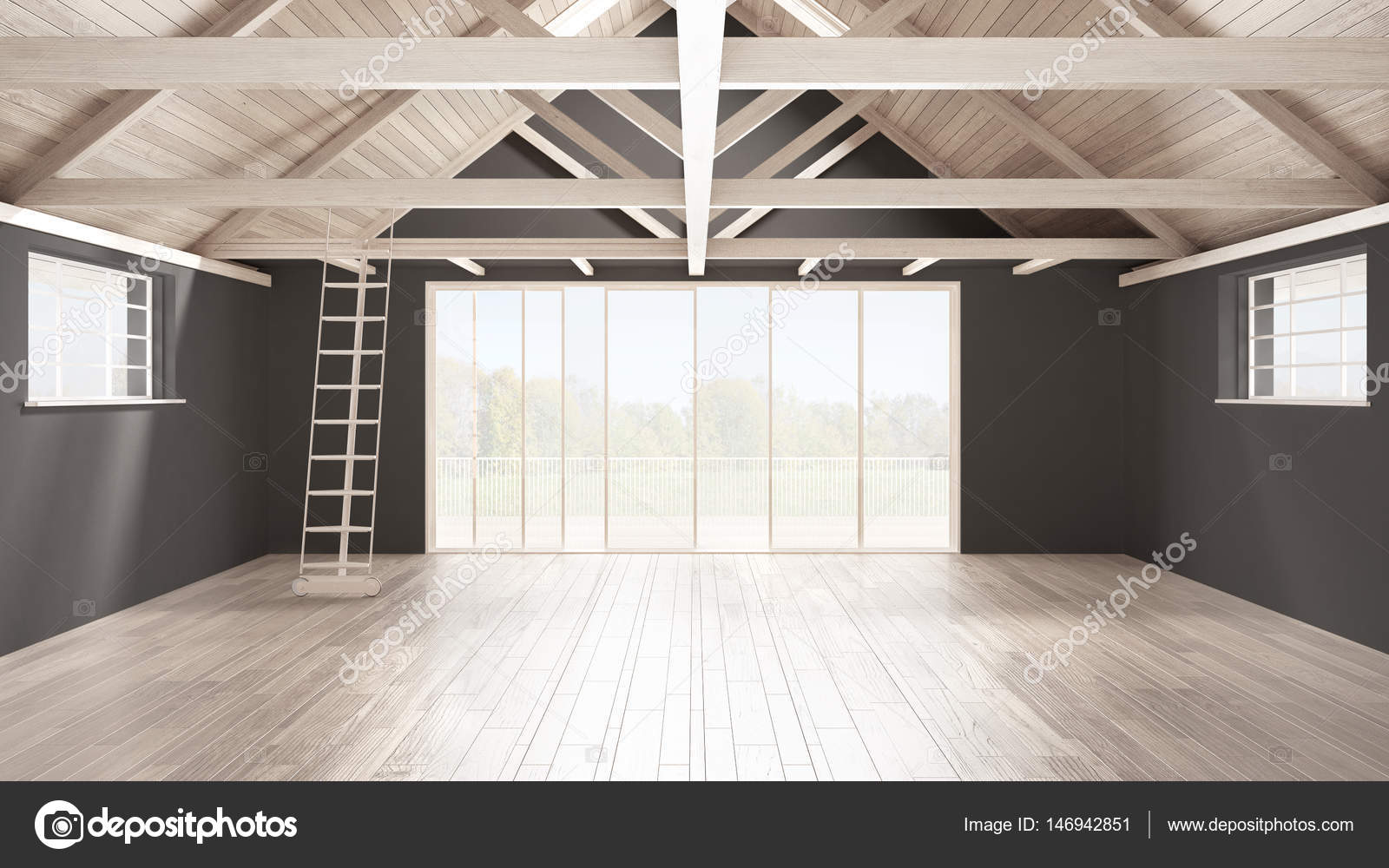 Minimalistische mezzanine loft lege industriële ruimte houten