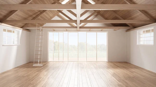 Minimalist mezzanine loft, empty industrial space, wooden roofin