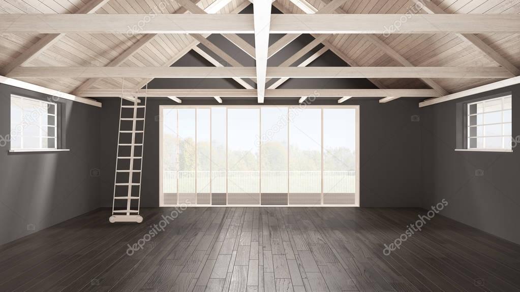 Minimalist mezzanine loft, empty industrial space, wooden roofin