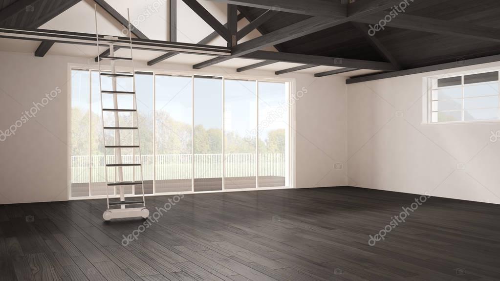 Minimalist mezzanine loft, empty industrial space, wooden roofin