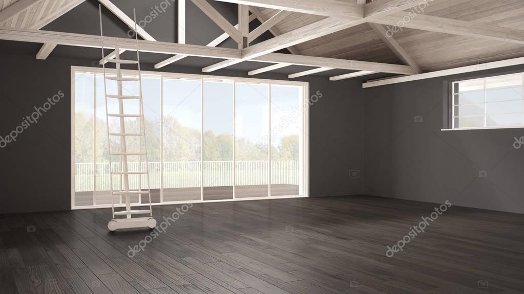 Minimalist mezzanine loft, empty industrial space, wooden roofin