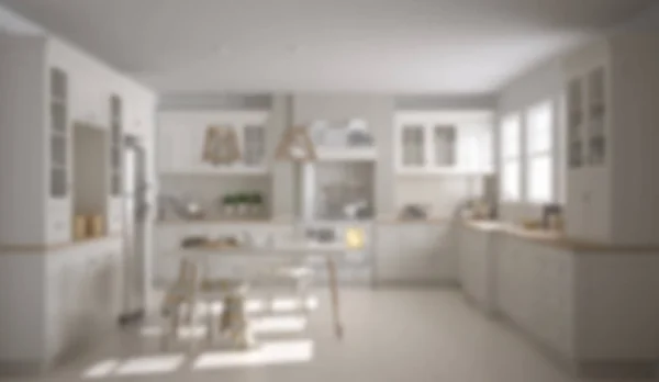 模糊背景室内设计，斯堪的纳维亚经典白色厨具 — 图库照片