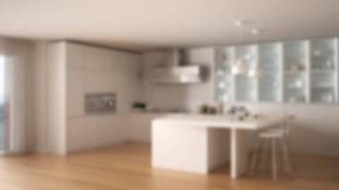 Arka plan iç tasarım, modern minimalist beyaz mutfak bulanıklık