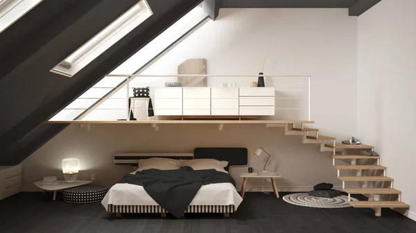 阁楼夹层斯堪的纳维亚简约卧室、 白色和灰色的 c — 图库照片