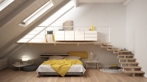 Loft mezzanine scandinavian minimalist bedroom, white and yellow