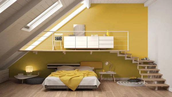 Skandynawskie minimalistyczny sypialnia mezzanine Loft: kolorowy żółty — Zdjęcie stockowe