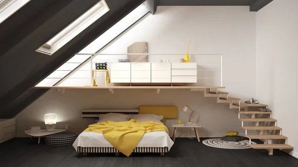 Loft mezzanine Scandinavische minimalistische slaapkamer, gary en geel — Stockfoto