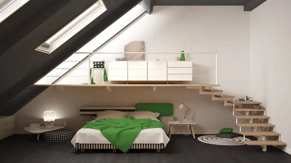 Loft mezzanine skandynawskich minimalistyczny sypialnia, zielony i żółty — Zdjęcie stockowe