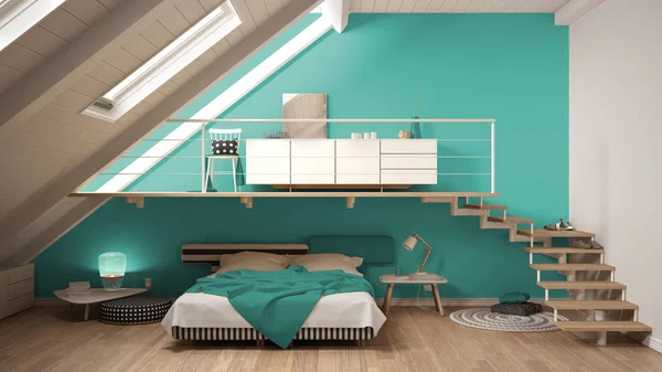 Loft mezzanine Scandinavische minimalistische slaapkamer, kleurrijke turquoi — Stockfoto