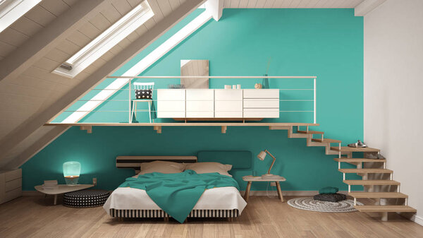 Loft mezzanine scandinavian minimalist bedroom, colorful turquoi
