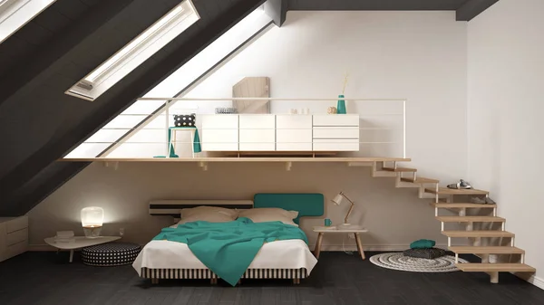 Loft mezanino escandinavo minimalista quarto, turquesa e vós — Fotografia de Stock