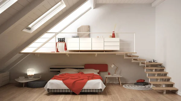 Loft mezzanine Scandinavische minimalistische slaapkamer, witte en rode cl — Stockfoto