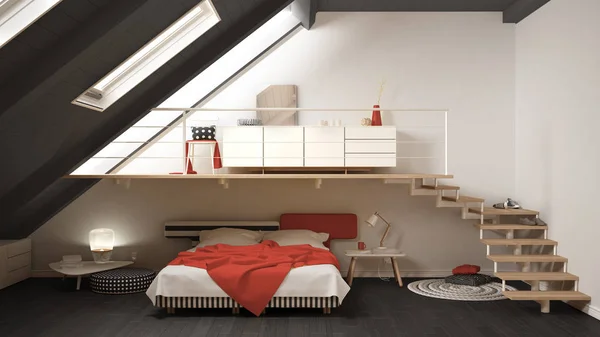 阁楼夹层斯堪的纳维亚简约卧室、 红色和黄色的 c — 图库照片