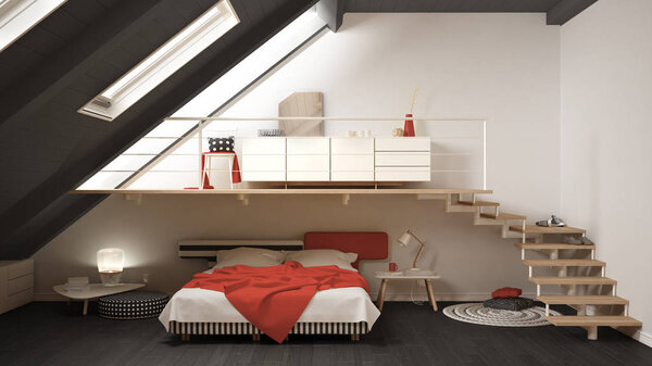 Loft mezzanine scandinavian minimalist bedroom, red and yellow c