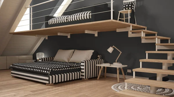 Çatı Asma katta bir oda minimalist oturma ve yatak odası, beyaz ve — Stok fotoğraf
