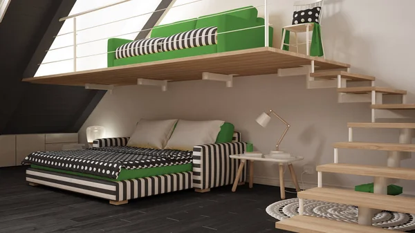 Loft mezzanine één kamer minimalistische woon- en slaapkamer, wit en — Stockfoto