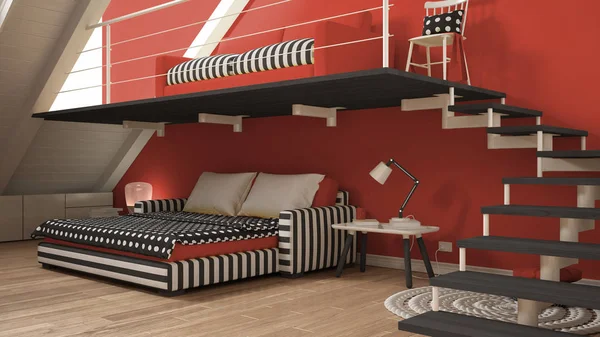 Loft mezzanine ett rum minimalistiskt vardagsrum och sovrum, vitt och — Stockfoto