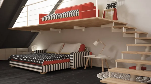 Çatı Asma katta bir oda minimalist oturma ve yatak odası, beyaz ve — Stok fotoğraf