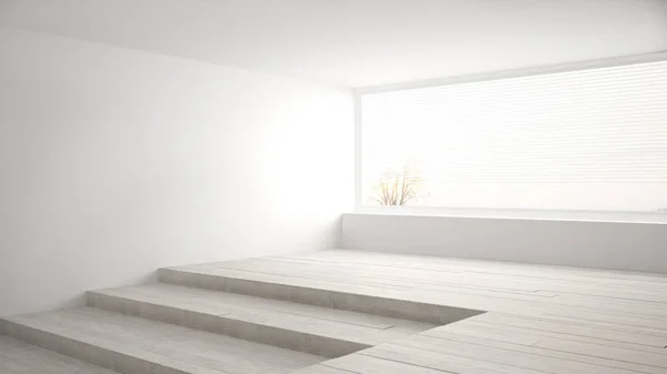 Habitación vacía con gran ventana panorámica y escaleras, whit minimalista —  Fotos de Stock