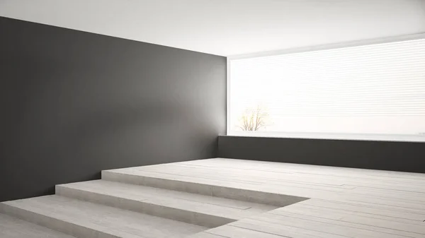 Empty room with big panoramic window and stairs, gray walls, min