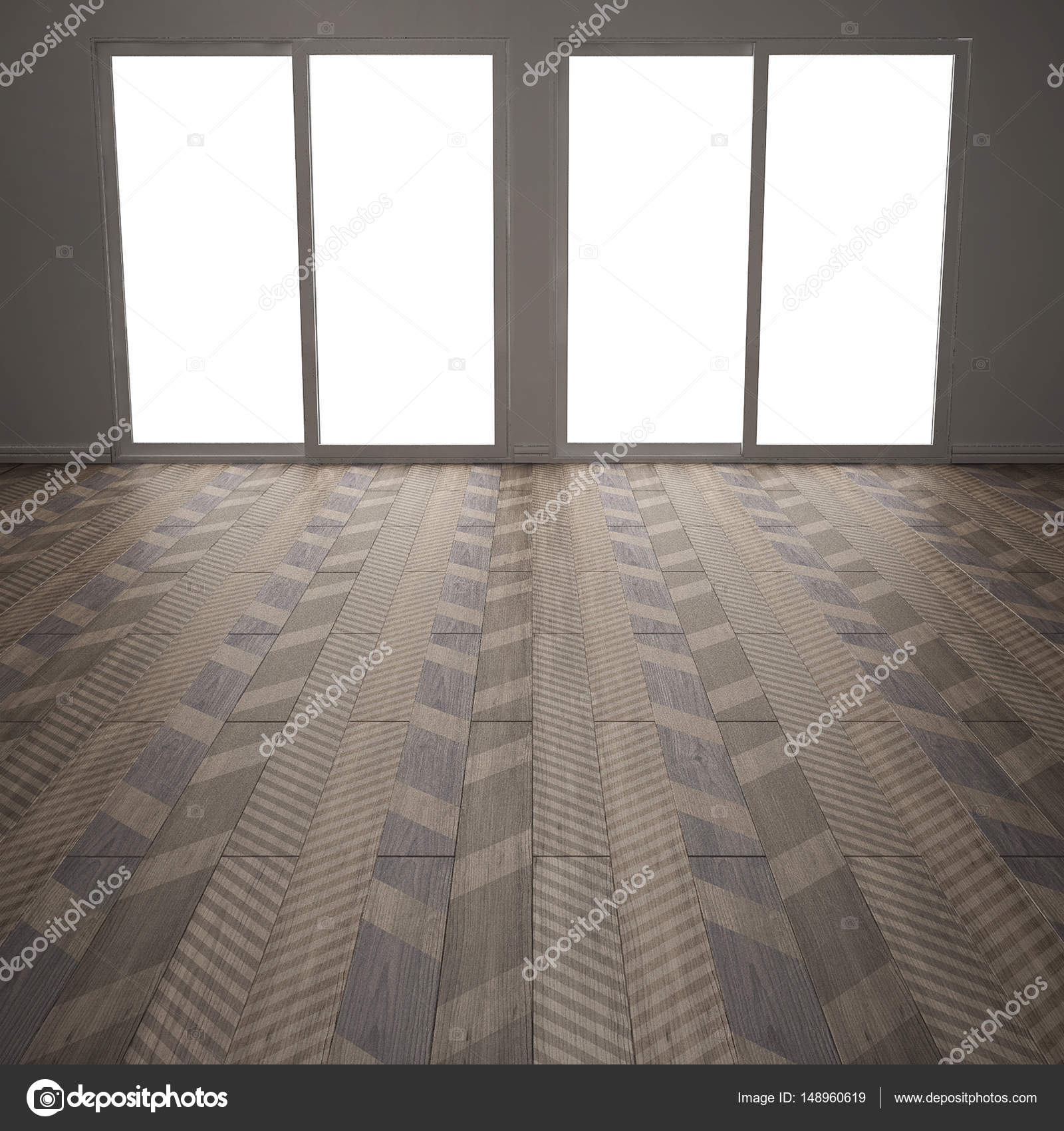Stanza vuota con il pavimento in parquet, a spina di pesce diagonale ... Parquet a spina di pesce