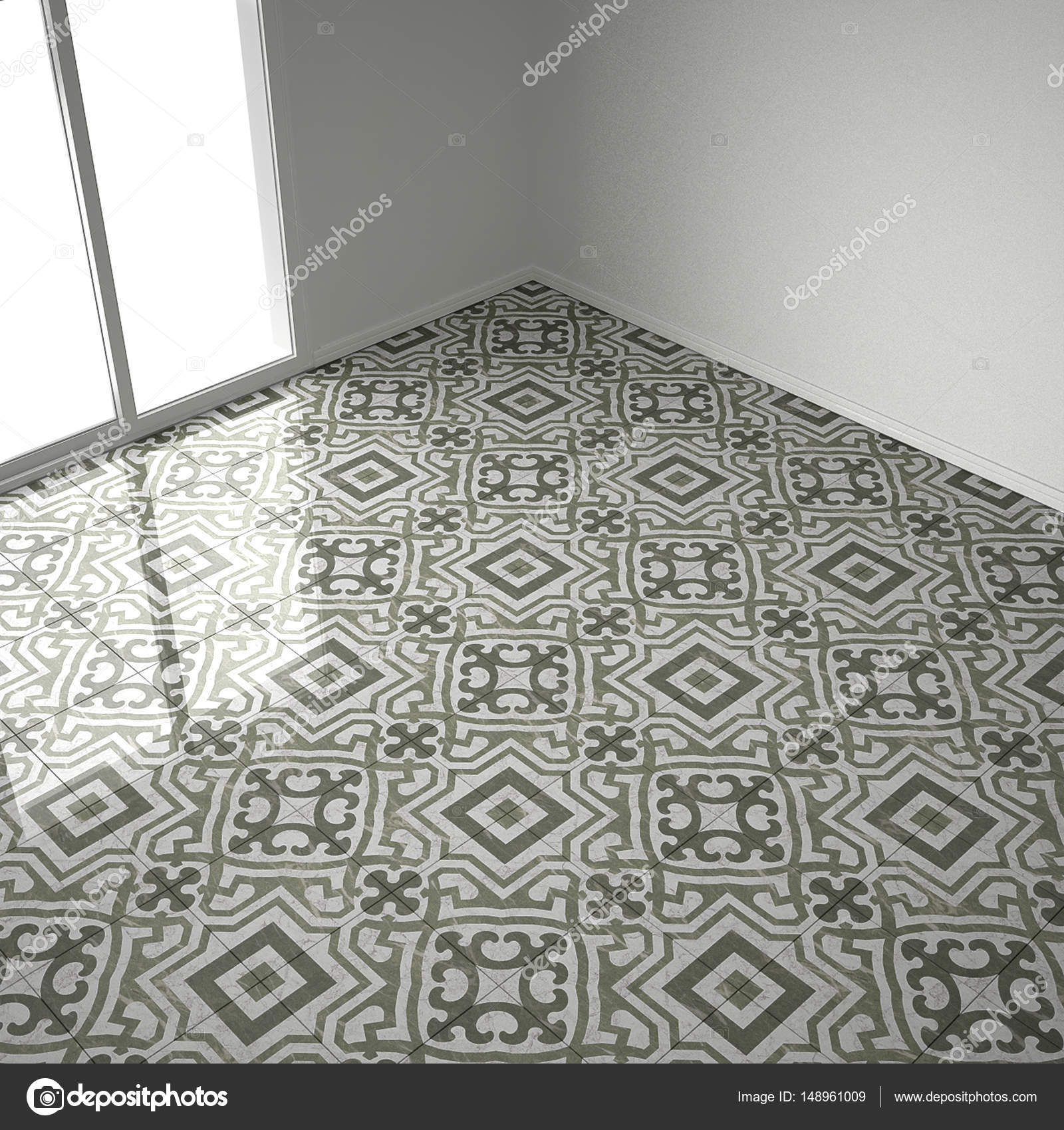 Green And White Marble Floor Tiles In Empty Room With Big Window