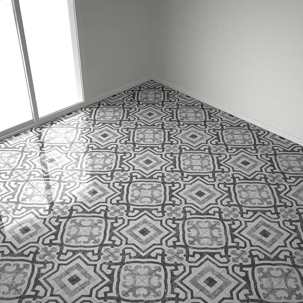 Grå och vit marmor golvplattor i tomma rum med stora fönster, — Stockfoto