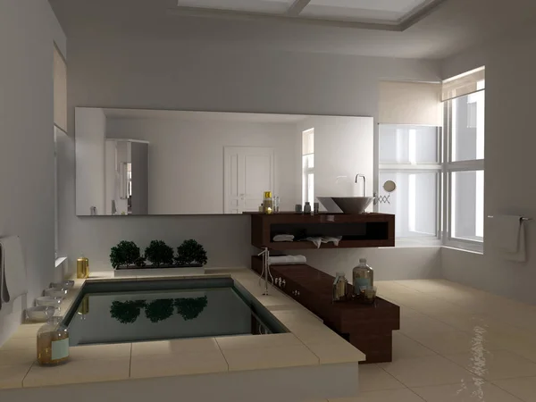 Banheiro minimalista com banheira grande, hotel spa design de interiores — Fotografia de Stock