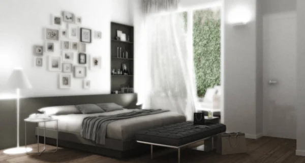 Sfocatura di sfondo interior design, camera da letto moderna con grande finestra — Foto Stock