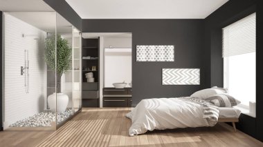 Minimalist yatak odası ve banyo duş ve walk-in dolap ile, 