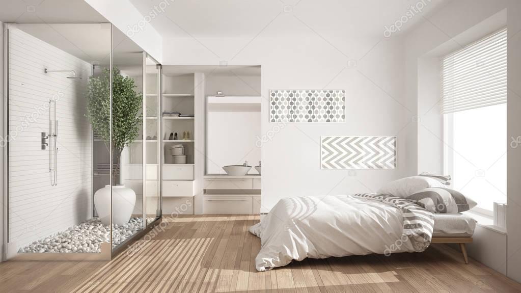 Minimalist bedroom and bathroom with shower and walk-in closet, 