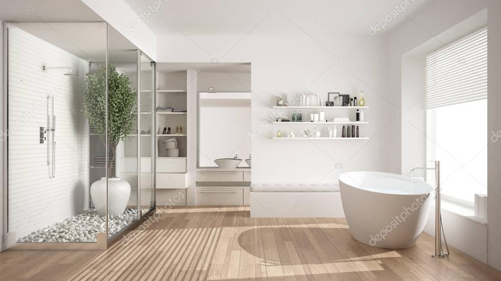 Minimalist white scandinavian bathroom with walk-in closet, clas