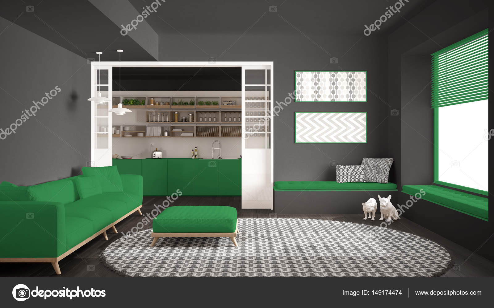 Minimalistisk bor rum med soffa, stor rund matta och kök jag ...