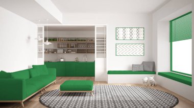 Yaşayan minimalist Oda kanepe, halı ve mutfak büyük ile