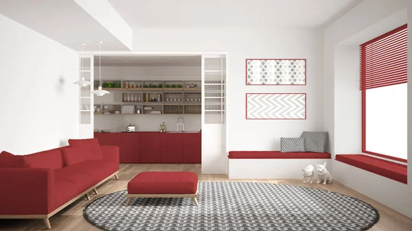 Minimalistyczne życia Pokój z sofą, Duży okrągły dywan i kuchnia — Zdjęcie stockowe