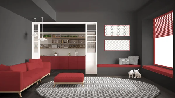Yaşayan minimalist Oda kanepe, halı ve mutfak büyük ile — Stok fotoğraf