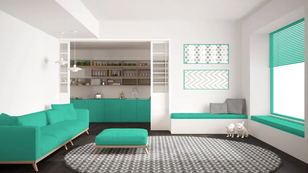 Sala de estar minimalista con sofá, alfombra redonda grande y cocina i — Foto de Stock